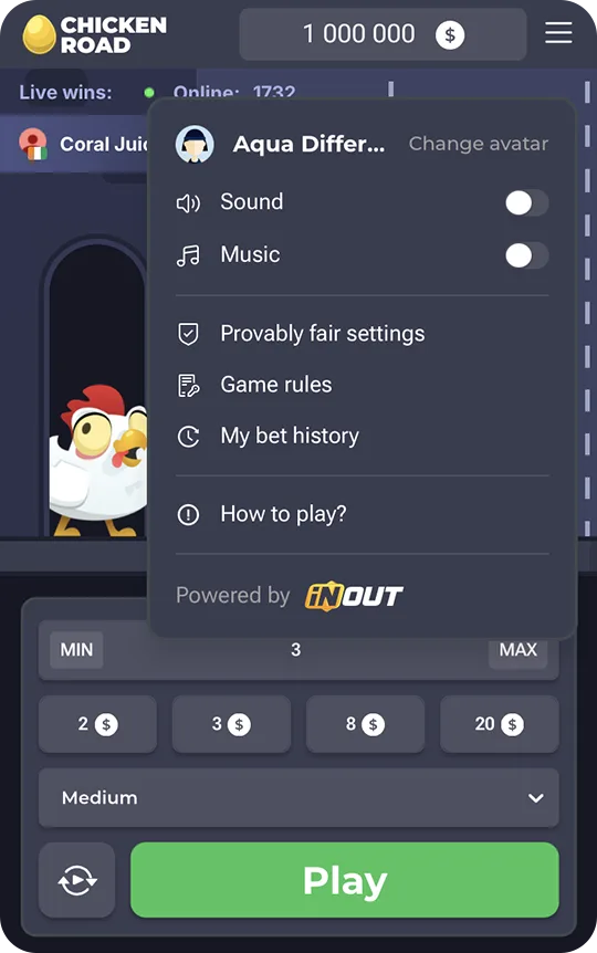 Chicken Road: menu del gioco, Powered by InOut
